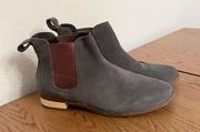 Ella Chelsea gray suede ankle boots with shimmer elastic and wood heel accents