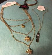 Necklaces (2) & Bracelet: Layer Elephant Charm Necklace, Feather Charm Necklace