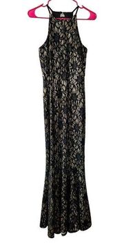 Bailey Blue Black and Gold Floral Lace Overlay Glitter Long Maxi Dress Gown