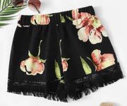 Floral Print Fringe Hem Shorts