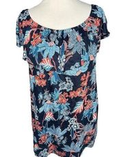 J Jill Love Linen Sarasa Womens Ruffled Tropical Print Top‎ Navy Blue Size Large