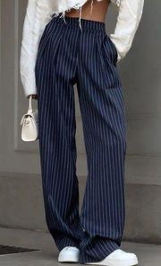 Pinstripe Pleated Wide Leg Dress Pants Navy Color