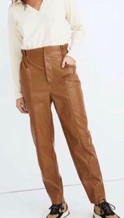 Vegan Leather Pull-On Paperbag Pants in Camel