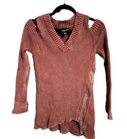 Rock & Republic Distressed Burgundy V-Neck Asymmetrical Sweater