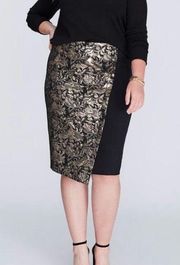 Lane Bryant Black Gold Metallic Jacquard Floral Pencil Skirt