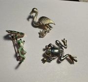 Lot of 3 Animal Brooch Pins 1 Signed LR - 2 Frog / 1 Flamingo Bird