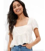 American Eagle Cropped Embroidered Babydoll Top in Cream Peplum Size Large