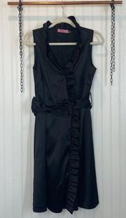 Eliza J Ruffled Black Satin Belted Midi Wrap Dress Size 10