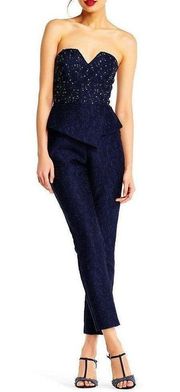 Adrianna Papell Petite Navy Beaded Jacquard Strapless Jumpsuit 4P