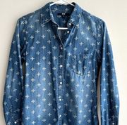 Denim Chambray Shirt, Printed Button Down Shirt, Size Small