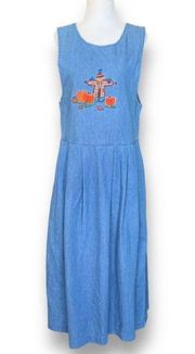 Vintage Karen Scott Dress Denim Pinafore Fall Scarecrow Embroidered Round Neck