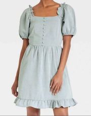 Who What Wear NWT  Chambray Light Blue Twill Puff Sleeve Mini Dress Babydoll New