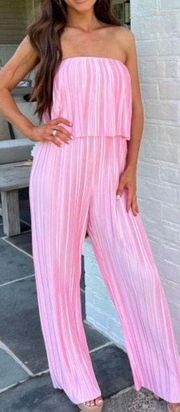 pink Pleated Strapless Overlay Jumpsuit