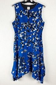CABI Untamed Electric Blue Floral Handkerchief Hem Polka Dot Lined Dress, Medium