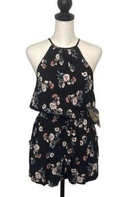 Bebop Womens Floral Romper Halter Neck Sleeveless Waist Tie Pocket Small Black