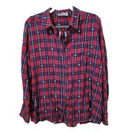 Ethereal Paper Crane Western Plaid Shirt Womens Size M Button Down Top Red Blue