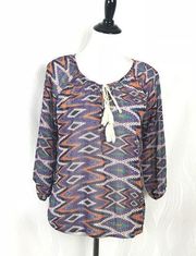 Veronica M Zig Zag Pattern Blouse Tassel Colorful Sheer Top Women's Size S