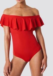 Michael Michael Kors Red Ruffle off the shoulder one piece swimsuit