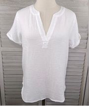 LOS ANGELES Rolled Sleeve V Neck Henley Top (White)-Small