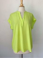 Solid Neon Green Short Sleeve V-Neck Chiffon Blouse