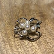 Floral Cluster Saltwater Cultured White Pearls Sterling Silver Brooch