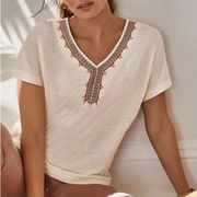 J. Jill Easy V Neck Dolman Tee Cream Embroidered Linen Blend Medium Petite