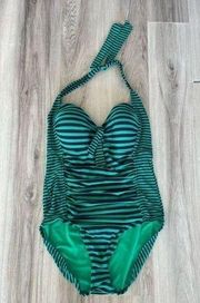 Merona L Green Striped One Piece Swimsuit