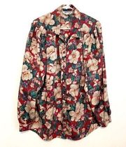 VINTAGE VTG NOTATIONS Plus Size Red Green Floral Satin Long Sleeve Button Down