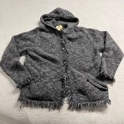 Grey Knit Fringe Button Hooded Wool Blend Sweater Cardigan Medium EUC