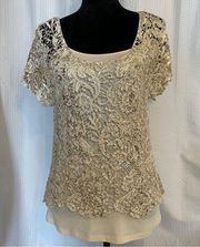 Heart Soul Beige & Gold Lace Short Sleeve Blouse With Tank Top Size Large NWT