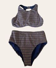 Athleta Plaid Seersucker High Neck Bikini Top and Bottoms Set