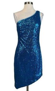 Women's Cocktail Dress by AQUA Size Small Blue Sequined One Shoulder Mini Sheath