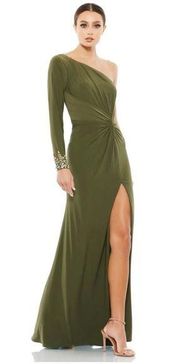 NWT Mac Duggal One Sleeve Beaded Cuff Side Twist Gown Olive 6 55696