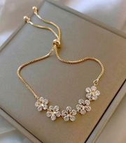 Adjustable 14k Gold Plated Flower Beaded Chain Bracelet