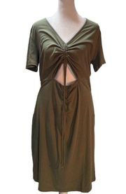 NWT  Sage Green Ribbed Short Sleeve Knee Length Ruched Cutout Dress XL