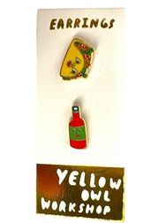 Yellow Owl Workshop Taco and Hot Sauce Colorful Gold Trimmed Earrings NWT