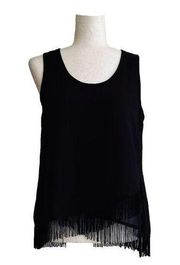 Ya Los Angeles Top Blouse Black Silk Blend Sleeveless Fringe Hem Top Small NEW