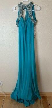 Tony Bowls 117270 teal blue beaded halter off the shoulder jersey dress NEW 2