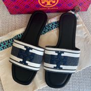 Tory Burch Double T Jacquard Slide Sandals in Navy Blue / White