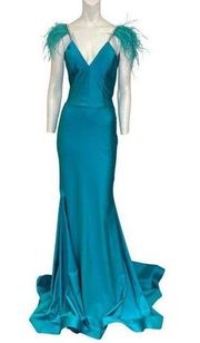 Jessica Angel 904 Feather Embellished Open Back Gown Seafoam Size Small NWT