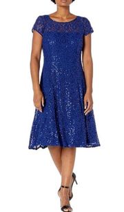 SLNY Navy Sequined Cap Sleeve Holiday Cocktail Party Dress Size 18