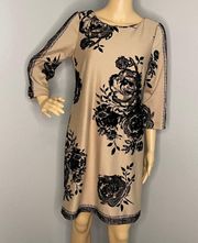 Chadwick’s 3/4 Sleeve Tan and Black Floral Dress With Raised Floral Print Size 4