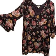 Everly Plum Purple Hippie Boho Eclectic Floral Gold Metallic Mini Tunic Dress