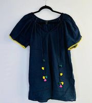 J. Crew Navy Blue Embroidered Cotton Linen Pom Pom Tassel cover up