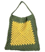 Crocheted Green Yellow Square Shoulder Bag Purse Handmade Retro 60s Y2K EUC