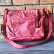 Vintage Cabin Creek Floral Embossed Leather Bag Cranberry Hobo Crossbody