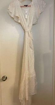 DREW "Maggie " Maxi length Wrap Dress white and gold lame spun SZ. Small NWT