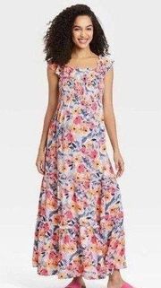 Womens Dress Large Ruffle Short Sleeve Smocked Floral Maxi