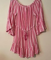 Blue Island Women’s  swimsuit cover-up off the shoulder striped bell sleeve pink