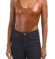 faux leather scoop high cut brown bodysuit size M NWT